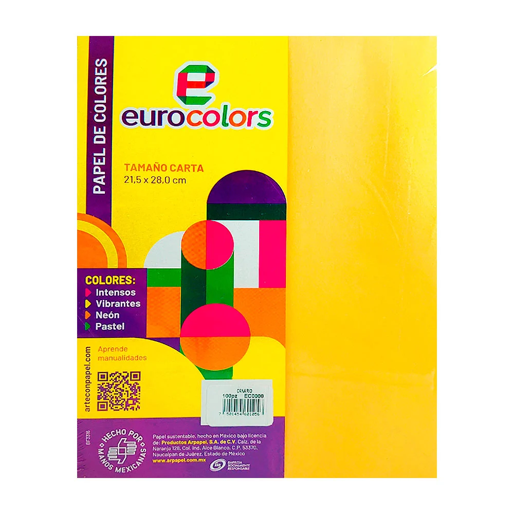 Paquete con 100 hojas eurocolors tamaño carta en color amarillo canario / ec0008