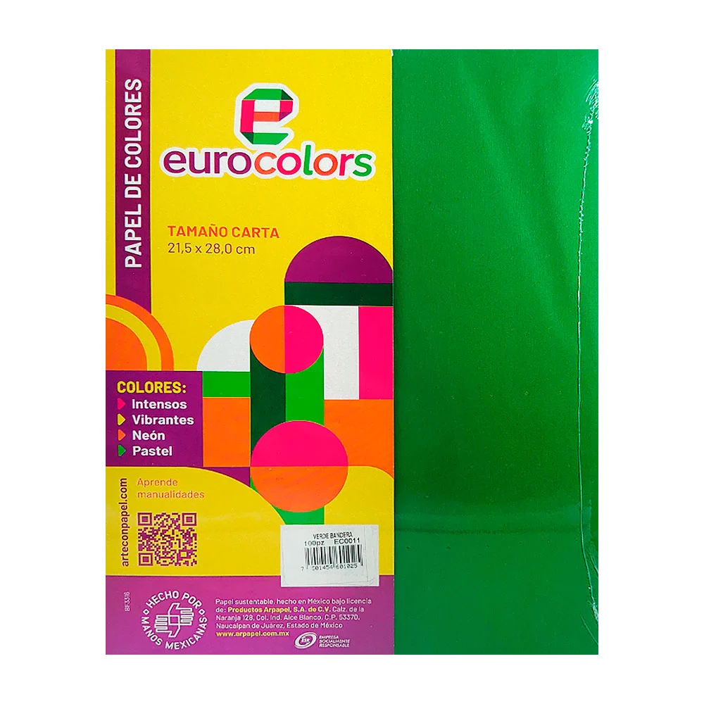 Paquete con 100 hojas eurocolors tamaño carta en color verde bandera / ec0011