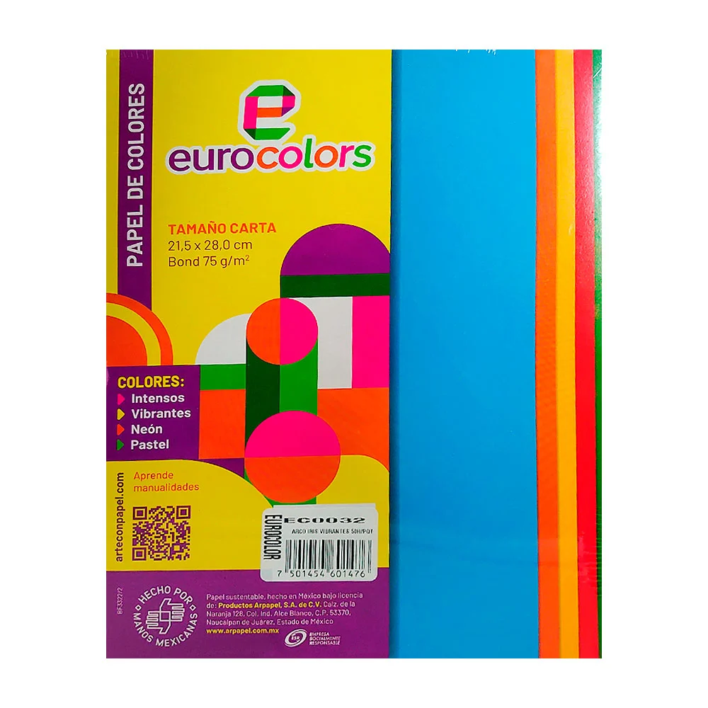 Paquete con 50 hojas eurocolors tamaño carta en colores surtidos / ec0032