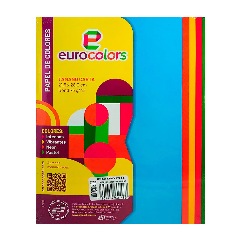 Paquete con 50 hojas eurocolors tamaño carta, color surtido / ec0033