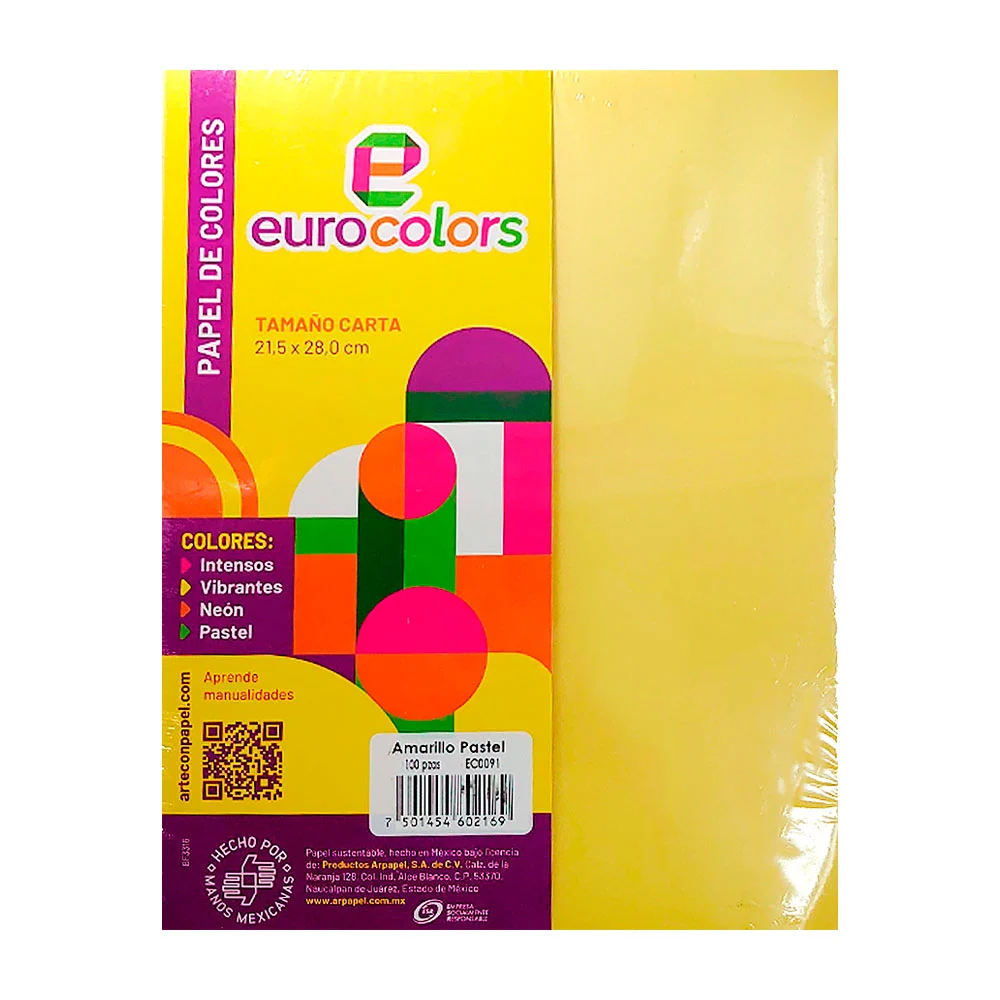 Paquete con 100 hojas eurocolors tamaño carta en color amarillo pastel / ec0091