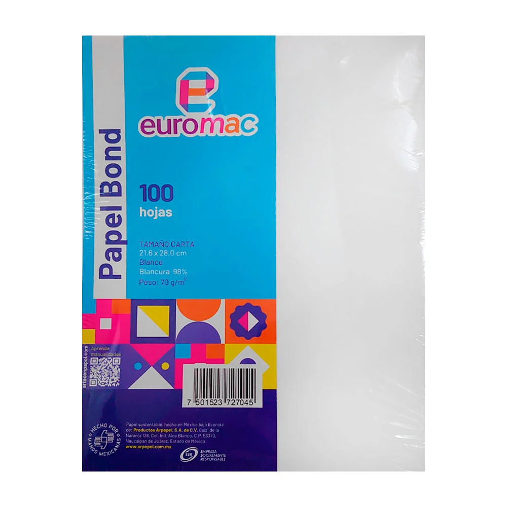 Paquete con 100 hojas euromac tamaño carta en tono blanco / ec3086