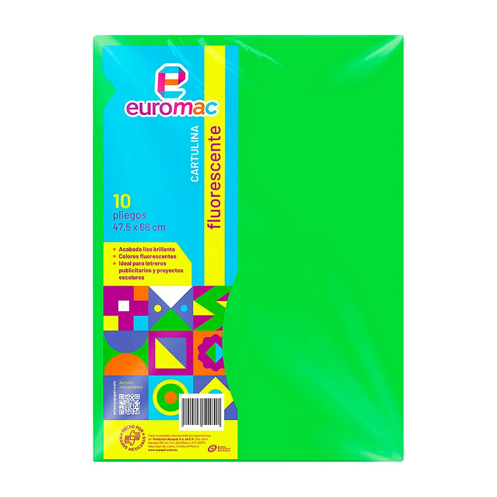 Paquete con 10 pliegos de cartulina euromac en color verde neón / ef0038