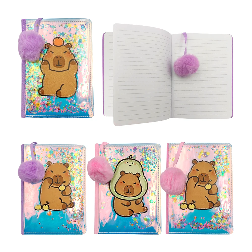 Libreta de raya con diseño cosido de capibara animado, minifiguras y tornasol