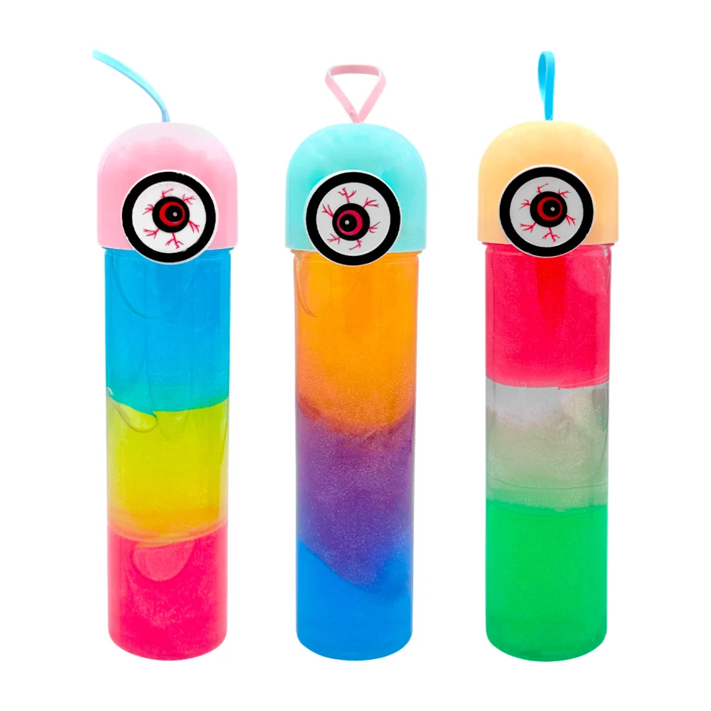 Bote cilíndrico con slime brilloso tricolor y tapa con ojo, varios colores