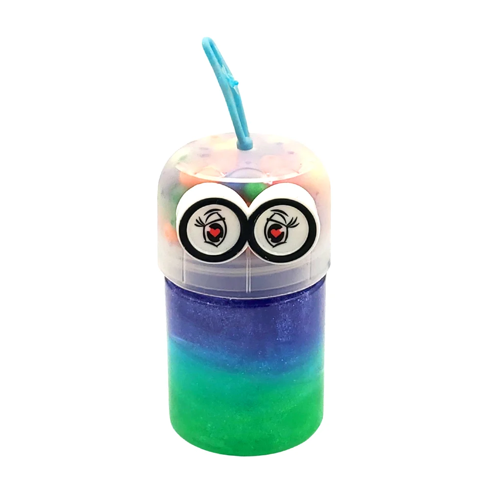 Bote chico con slime brilloso tricolor + tapa con bolitas y ojos de corazón