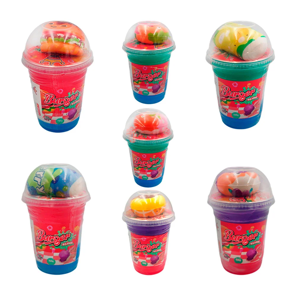 Vaso con slime brilloso tricolor + mini squeeze, varios colores  / burger slime