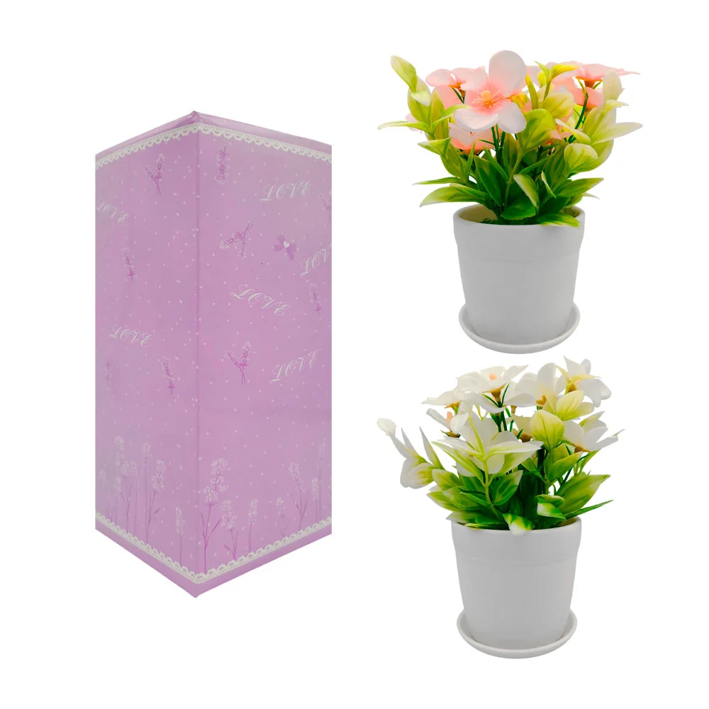 Maceta circular decorativa con flores de plástico, 17cm / hl-fac4309