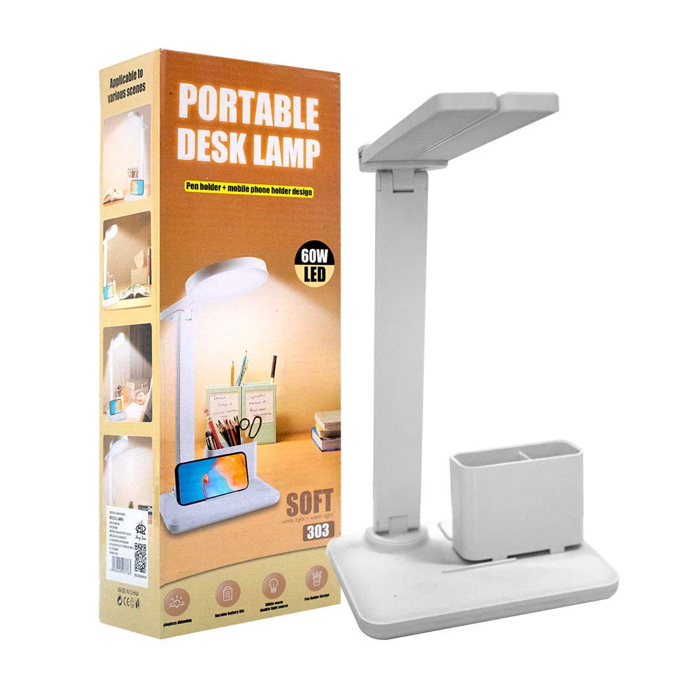 Lámpara led plegable con portalápices y soporte de celular para escritorio, 60w