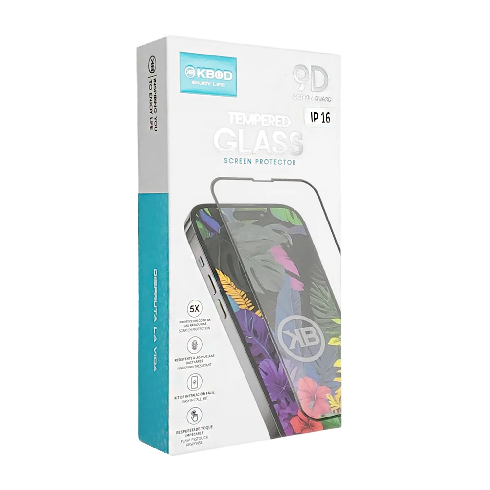 Caja con 10 micas de cristal templado para iphone 16 con protección anti caídas