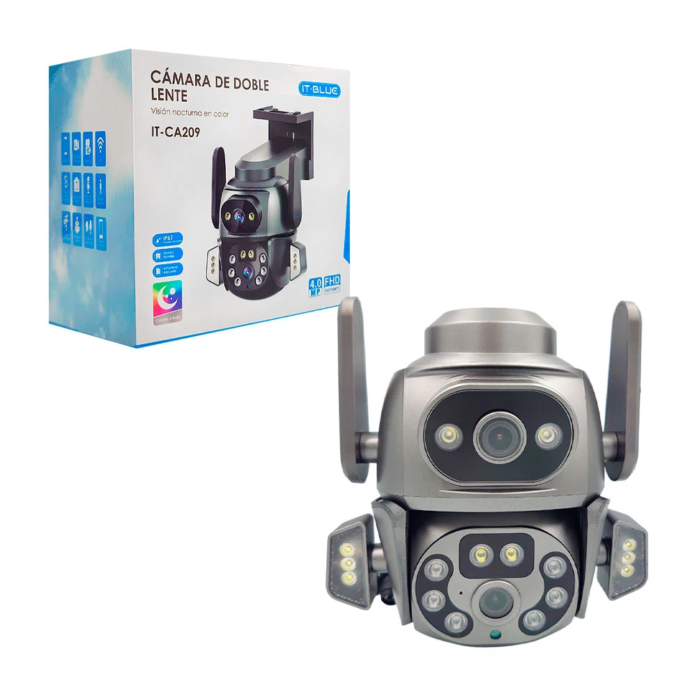 Cámara de seguridad con doble lente, antenas wi-fi, visión nocturna, usos varios