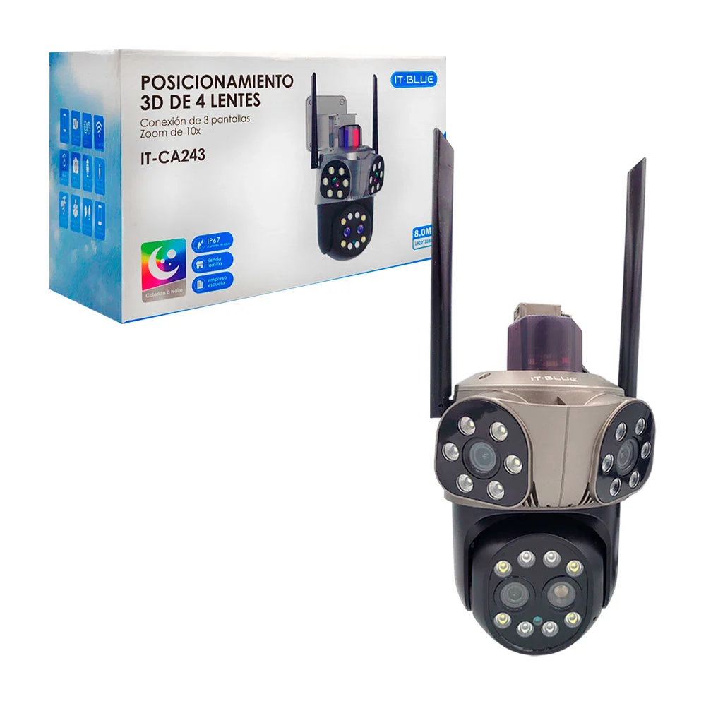 Cámara de seguridad montable con 4 lentes, antenas wi-fi, leds y zoom de 10x
