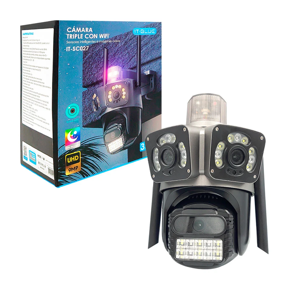 Cámara de triple sensor, montable, con antenas wi fi, leds y alarma acústica