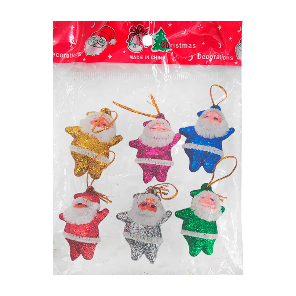 Paquete con 6 adornos navideños de santa claus con brillos, varios colores