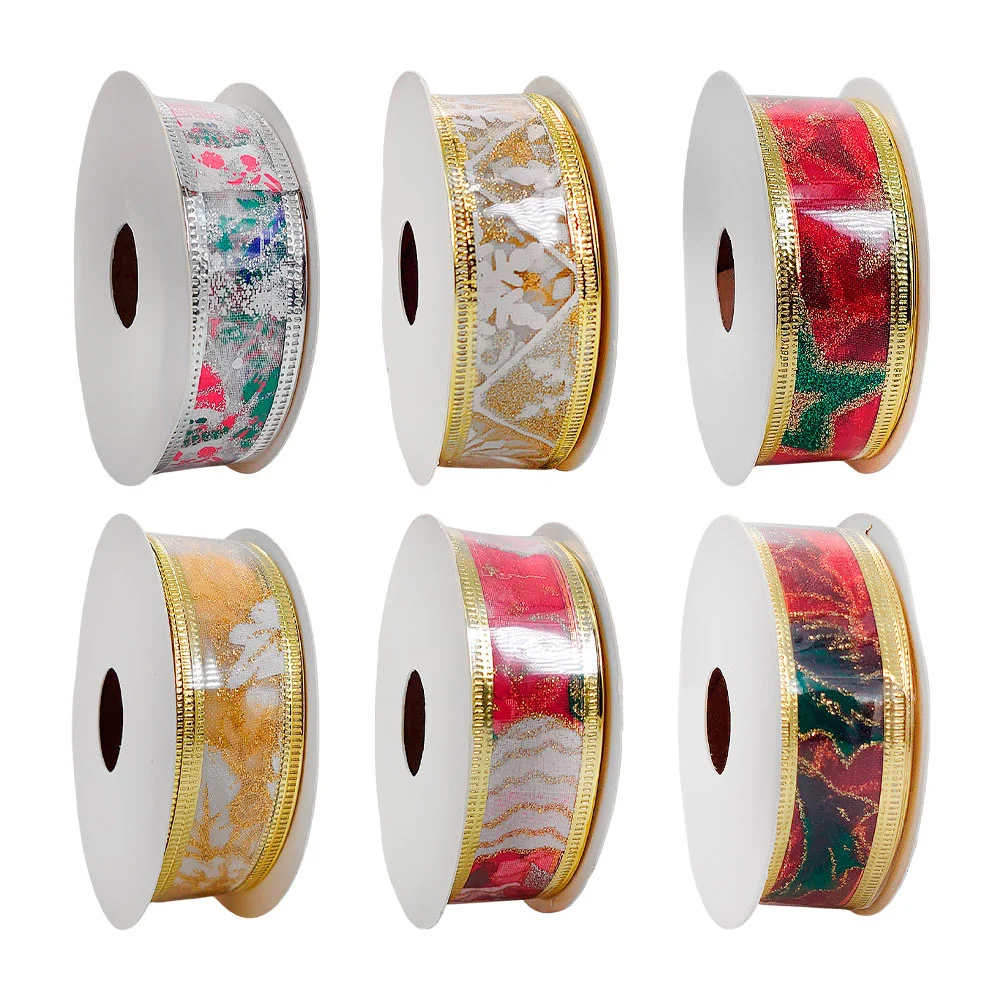 1pza Rollo listón de organza con diseño estampado navideño + diamantina y orilla de alambre 2.5cm x 2.7cm, variedad de modelos / j3513