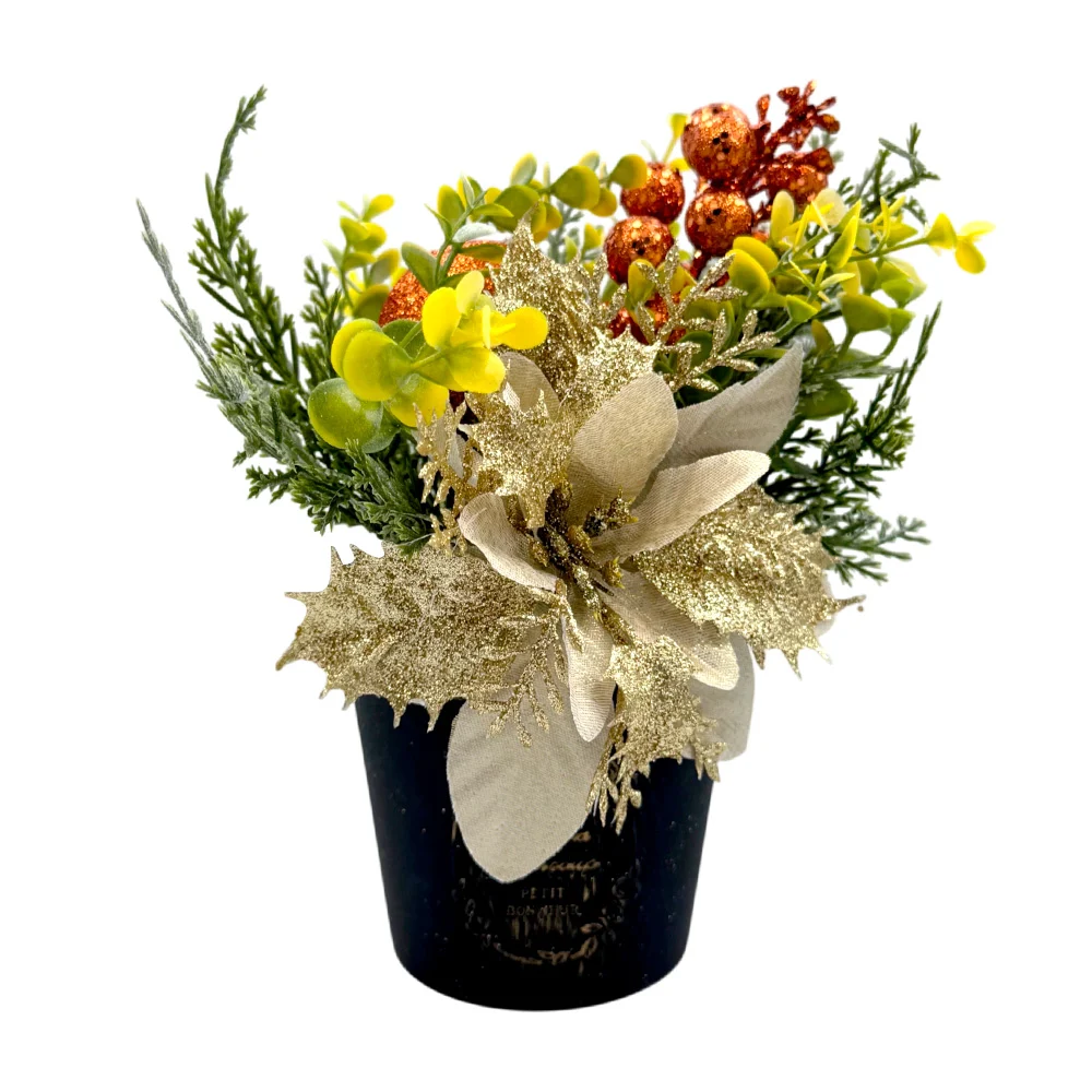 Maceta navideña decorativa de flor nochebuena dorada artificial, 22cm / j3717