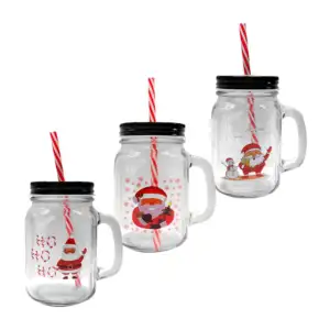 Taza de vidrio con tapa, popote, estampado navideño y capacidad de 45…