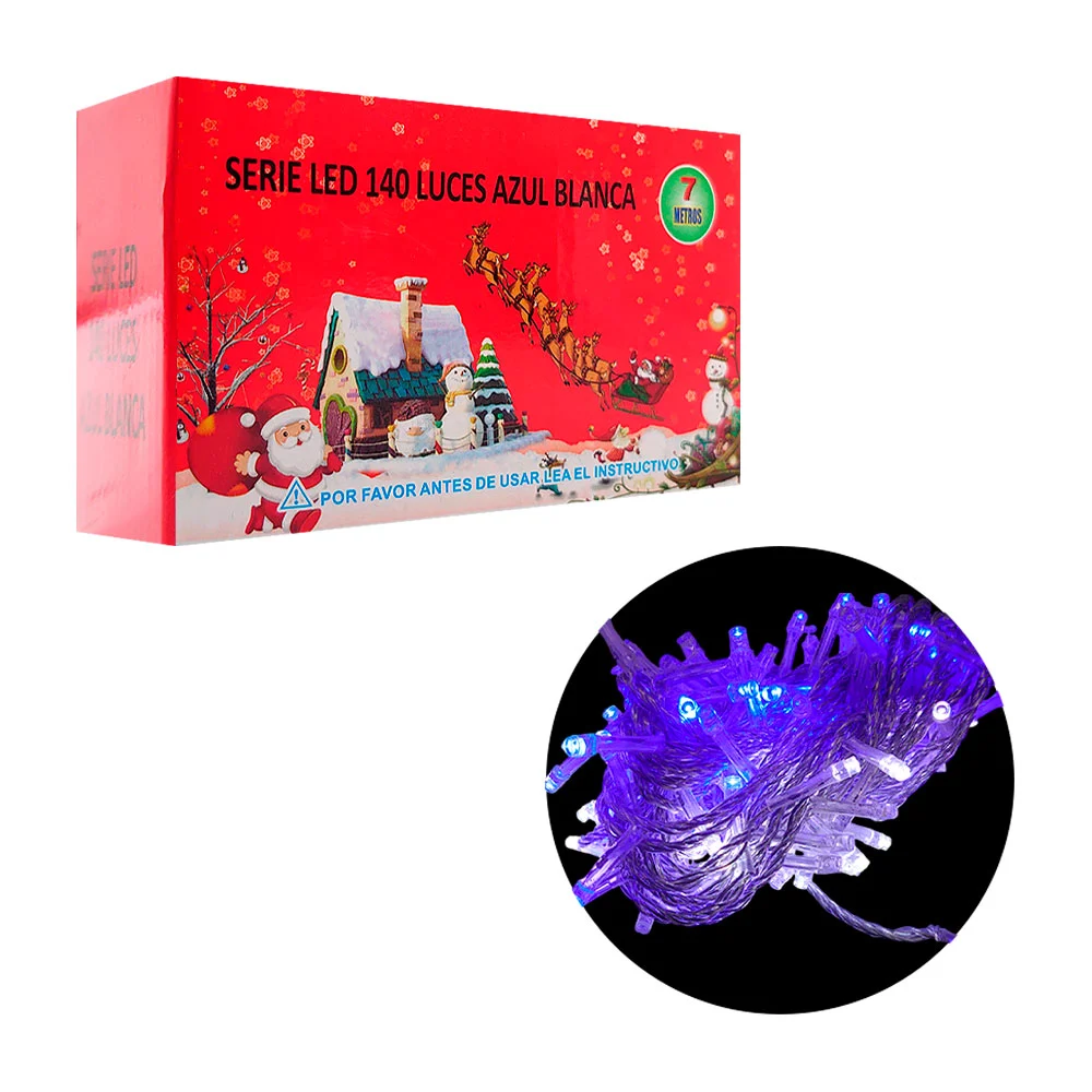 Serie navideña de 7m con cable transparente y 140 luces en color azul-blanca