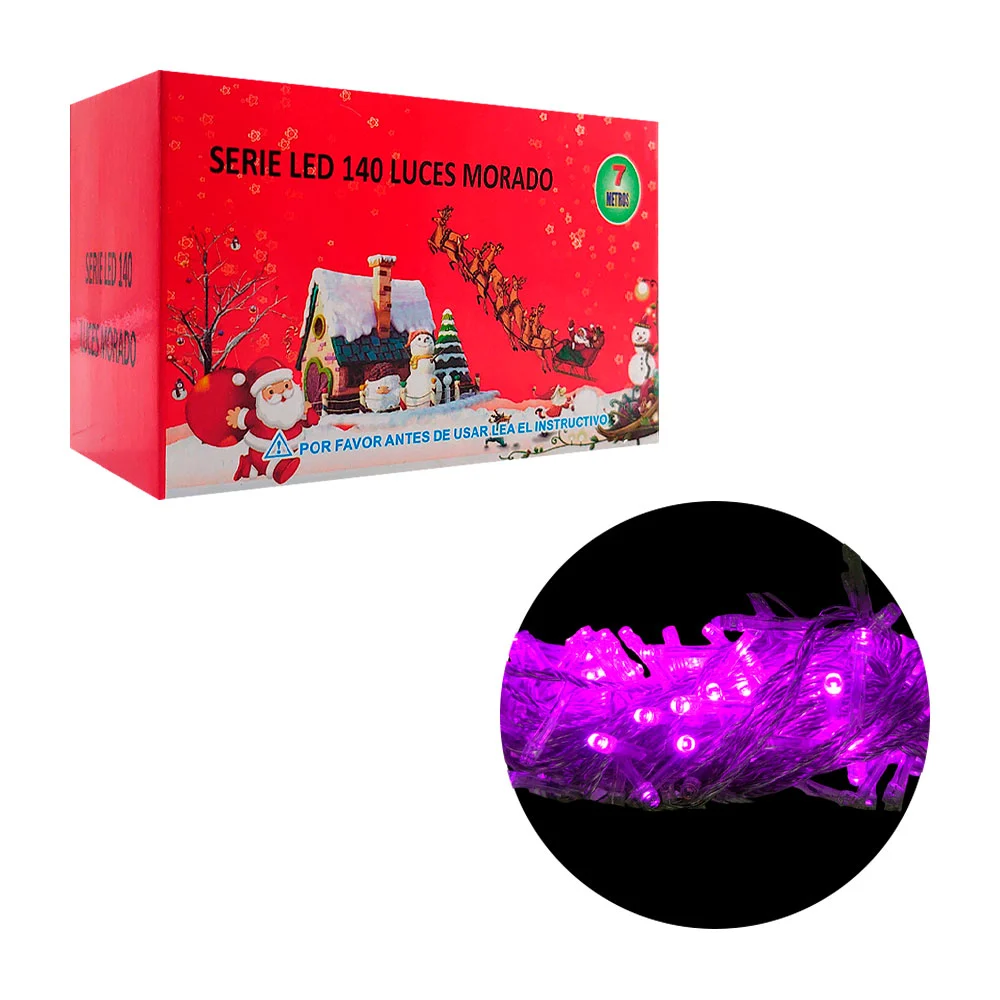 Serie navideña de 7m con cable transparente y 140 luces en color morado / j6116