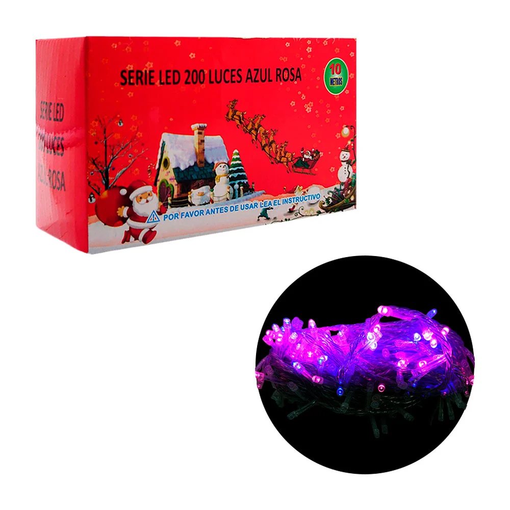 Serie navideña de 10m con cable transparente y 200 luces en color azul-rosa