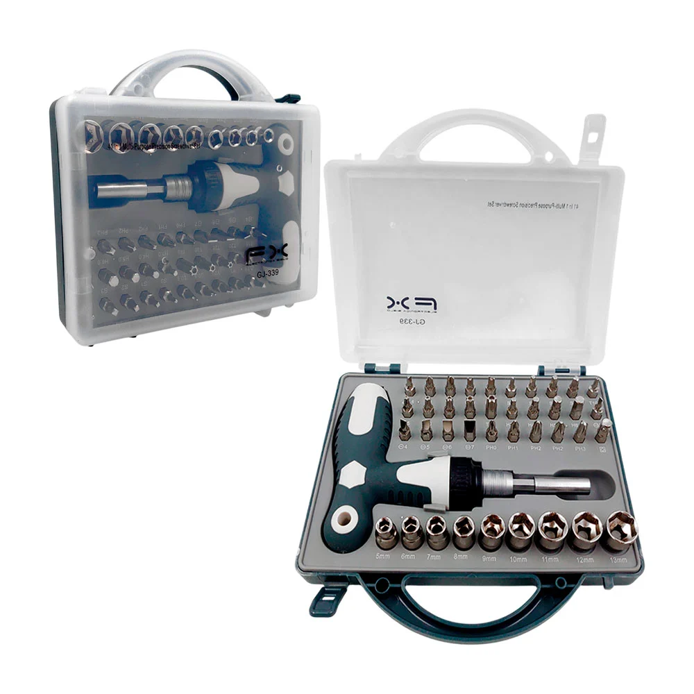Estuche con desarmador manual, multiusos, con puntas y dados intercambiables