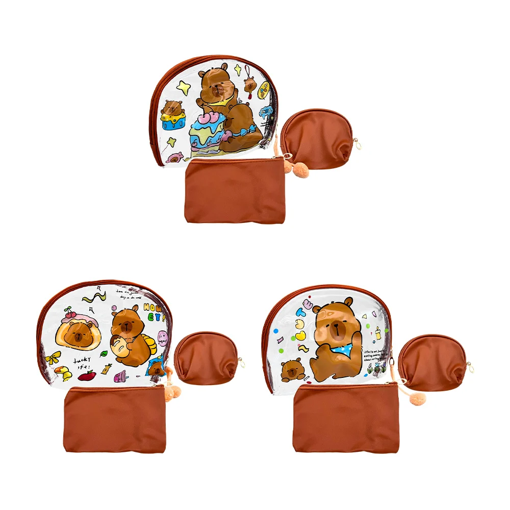 Juego de 3 cosmetiqueras, 1 transparente con decoración de pompones, surtido