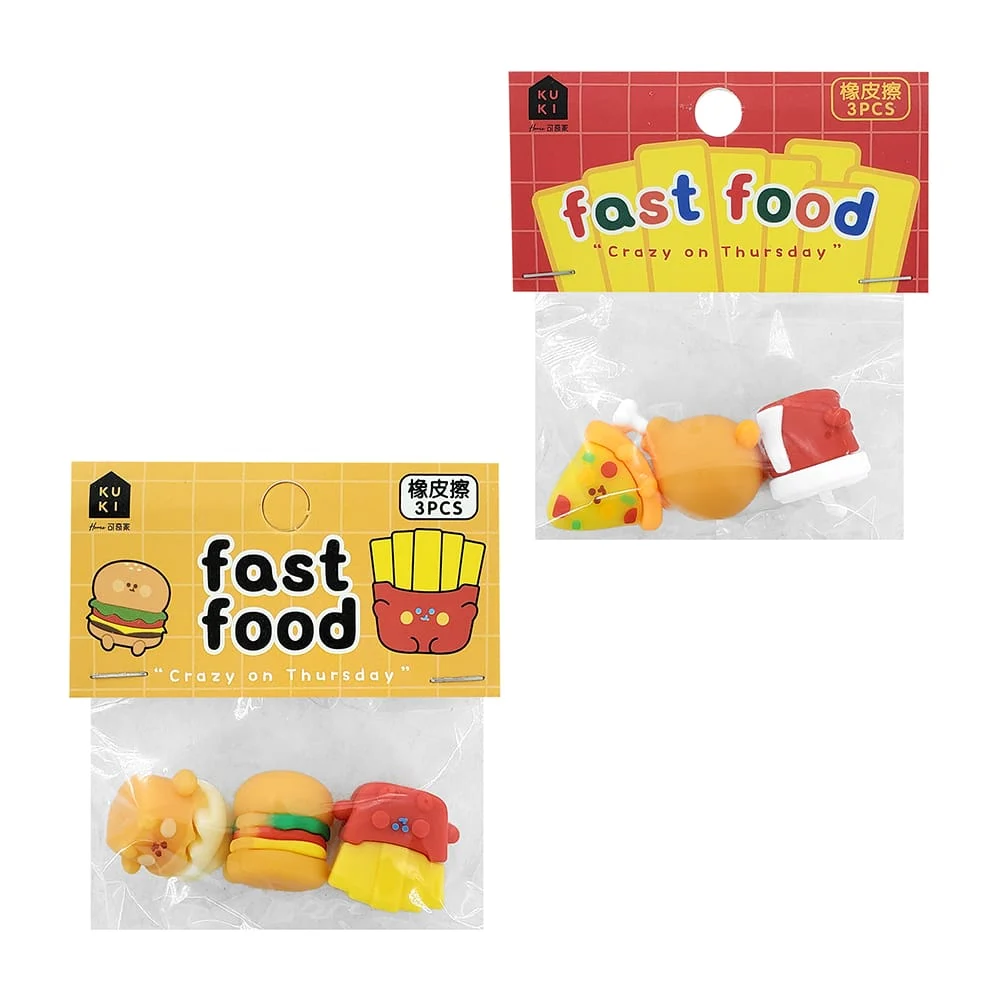 Paquete con 3 mini gomas borradores en forma de alimentos, variedad de modelos / fast food
