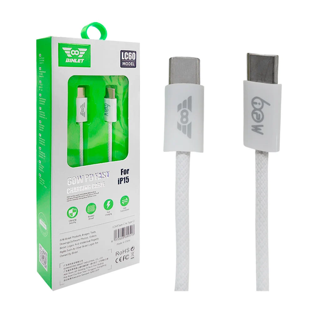 Cable cargador binlet, 1m tipo de tipo c a c, 60w para carga rápida / lc60