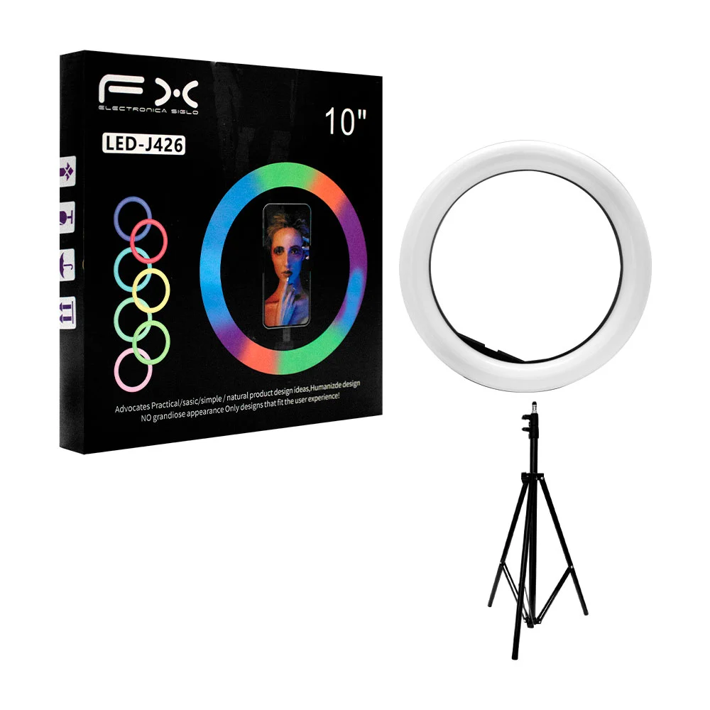 Aro de luz rgb fx de 10 pulgadas con soporte para celular + trípie / led-j426