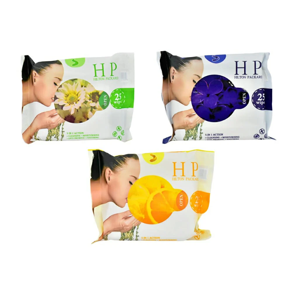 Paquete con 25 toallitas humedas desmaquillantes 5 en 1 hp, variedad de diseños y aromas / lv058
