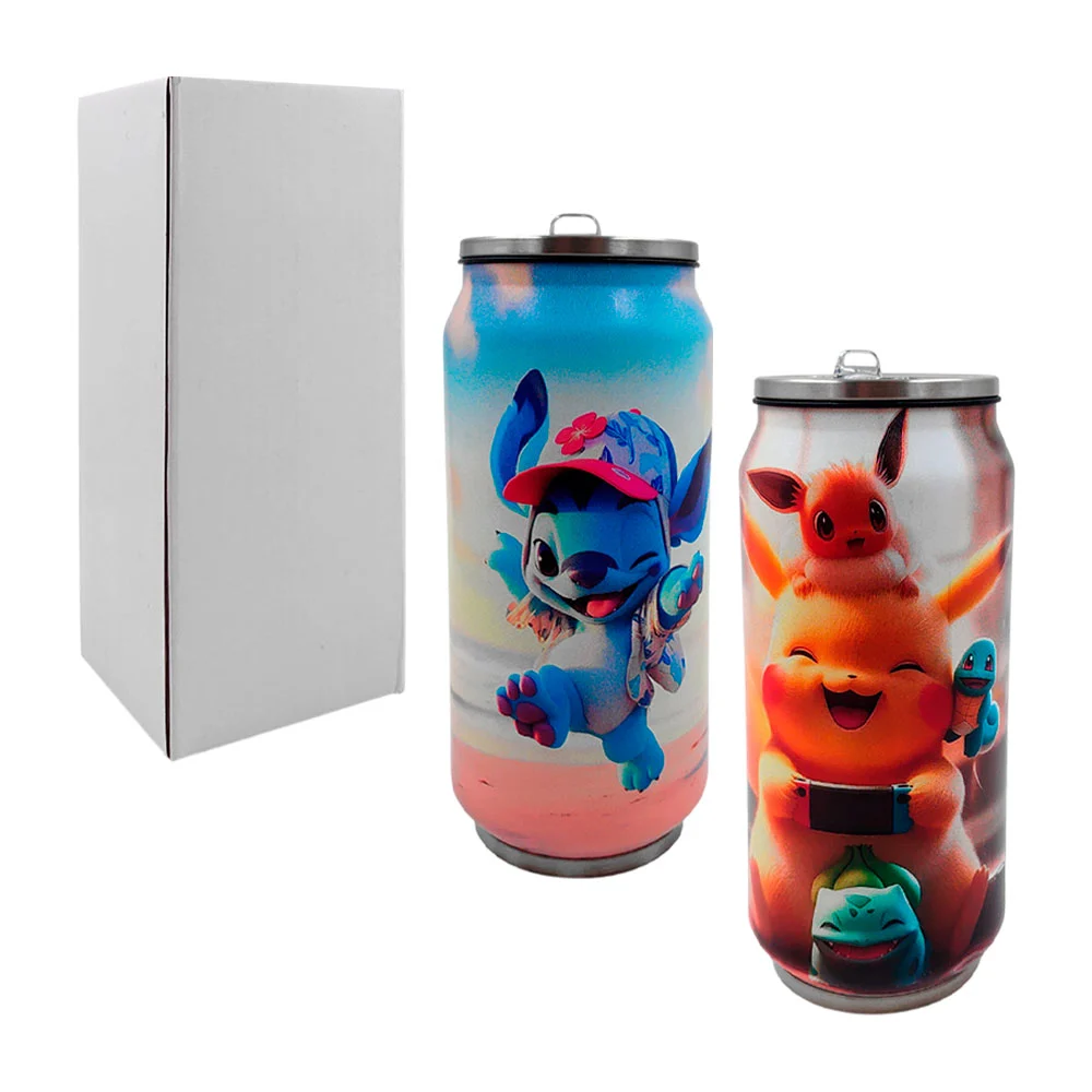 Termo en forma de lata de acero inoxidable y estampado de personajes animados