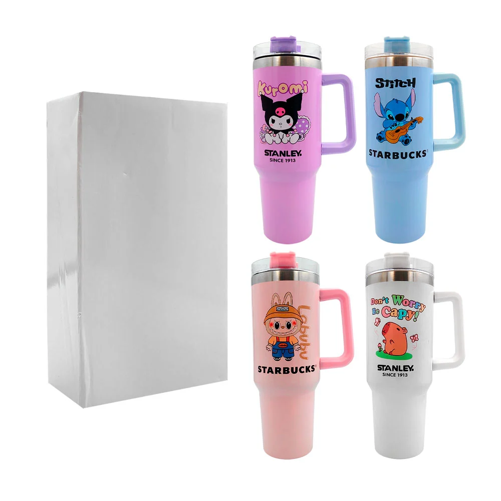 Vaso termo de acero inoxidable con asa, popote y estampado de labubu, 40oz