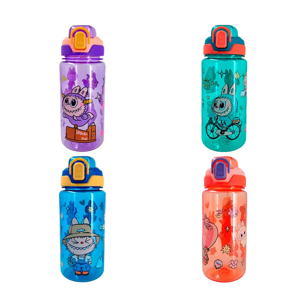 Botella transparente con estampado de labubu, popote y asa, diseños varios