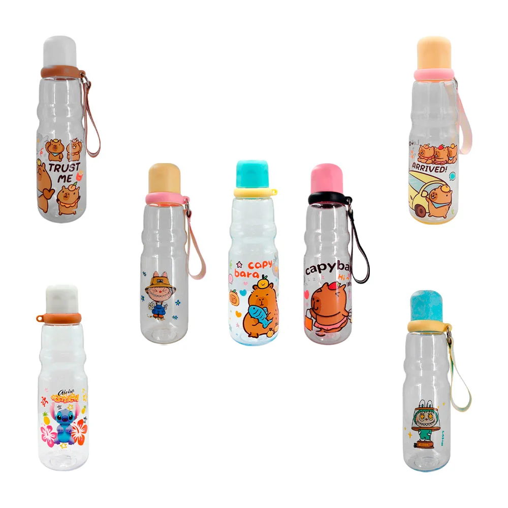 Botella transparente bicolor con asa y estampado de personajes animados