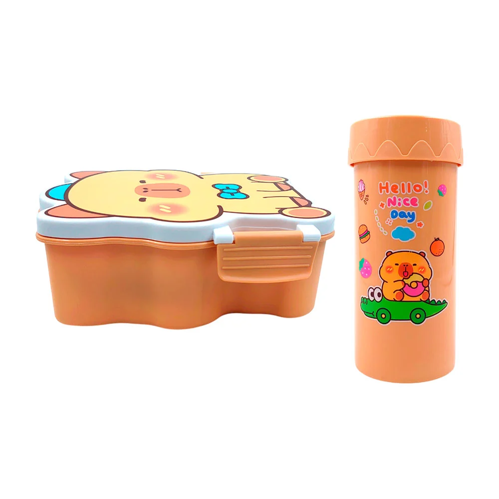 Set tupper en forma de capibara con 3 compartimentos, cubierto + botella pequeña