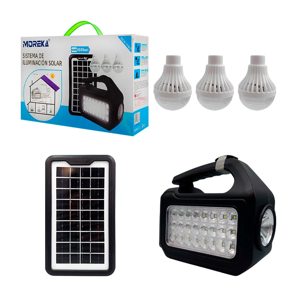 Kit con 1 lámpara proyectora multifuncional, 4 focos y 1 panel solar - 4500mah