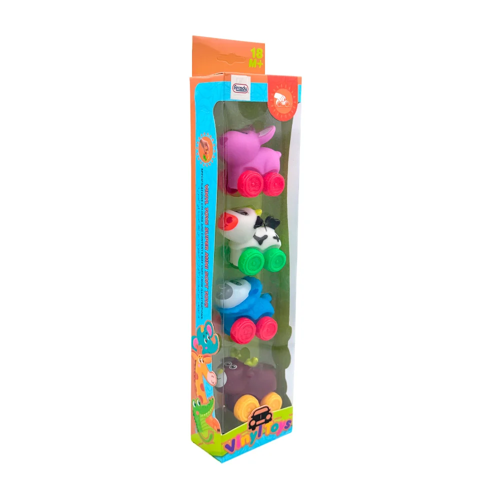 Paquete con 4 mini carritos suaves en forma de animales, variedad de diseños