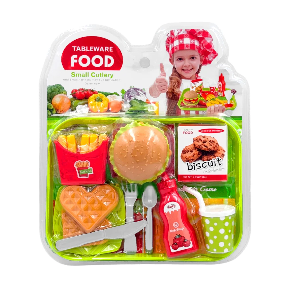 Blíster de comida rápida con galletas, waffles, papas fritas y hamburguesa