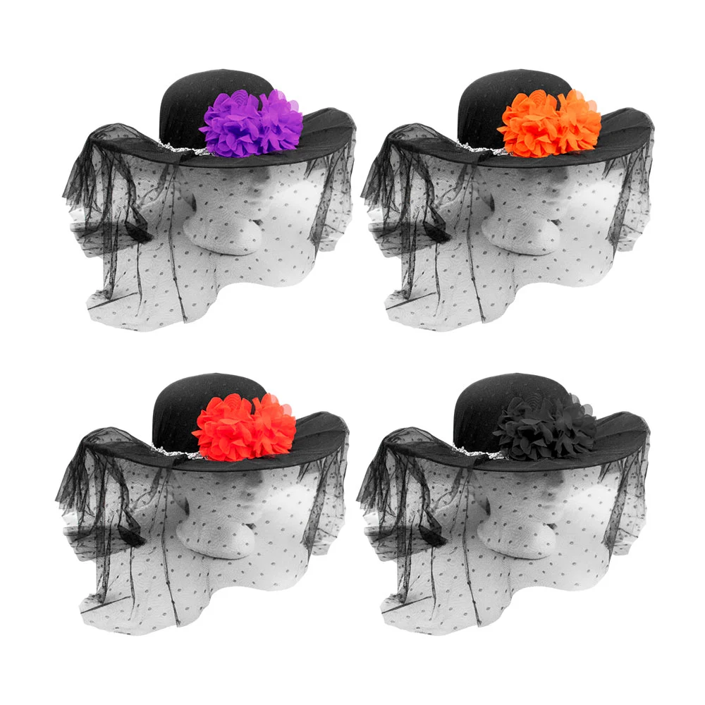 Sombrero con velo, flores y listón plateado para disfraz de catrina / mz-516a
