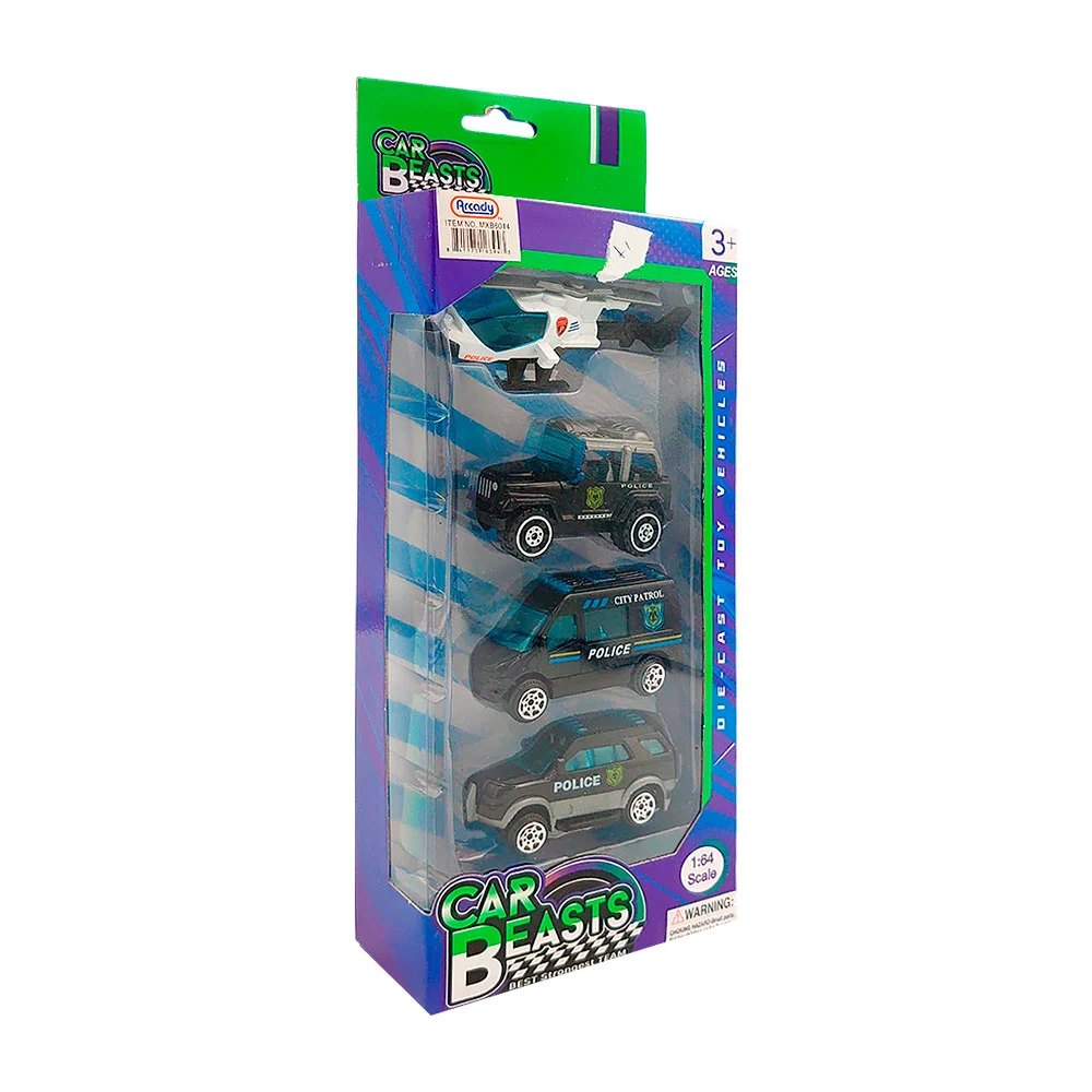 Blíster con 3 carritos y 1 mini helicoptero de policia metálicos / mxb6014