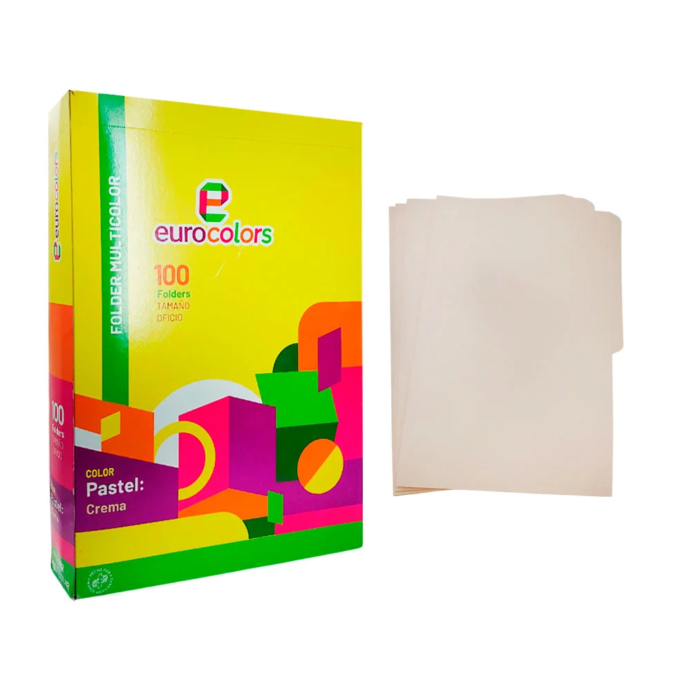 Paquete con 100 folders eurocolors tamaño oficio en color crema / bc1006