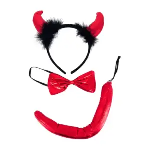 Set de moño, cola de diablo y diadema de cuernos con plumas / pt11667