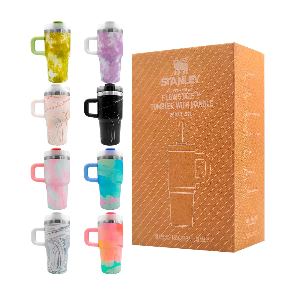 Termo metálico pequeño con asa agarradera y diseño tipo mármol, colores varios