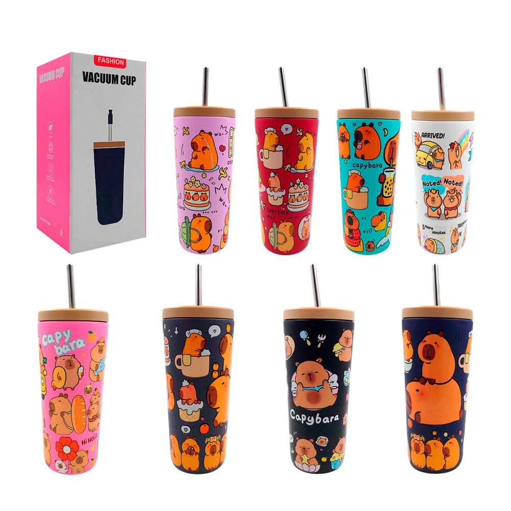 Termo temático en forma de vaso, con tapa, popote y estampado de capibara / cup