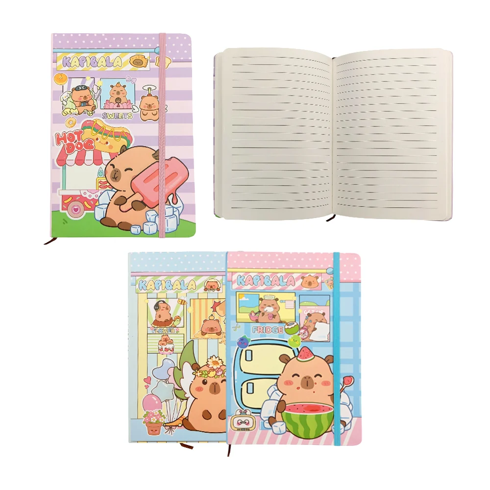 Agenda rectangular con estampado de capibaras animados, separador y resorte