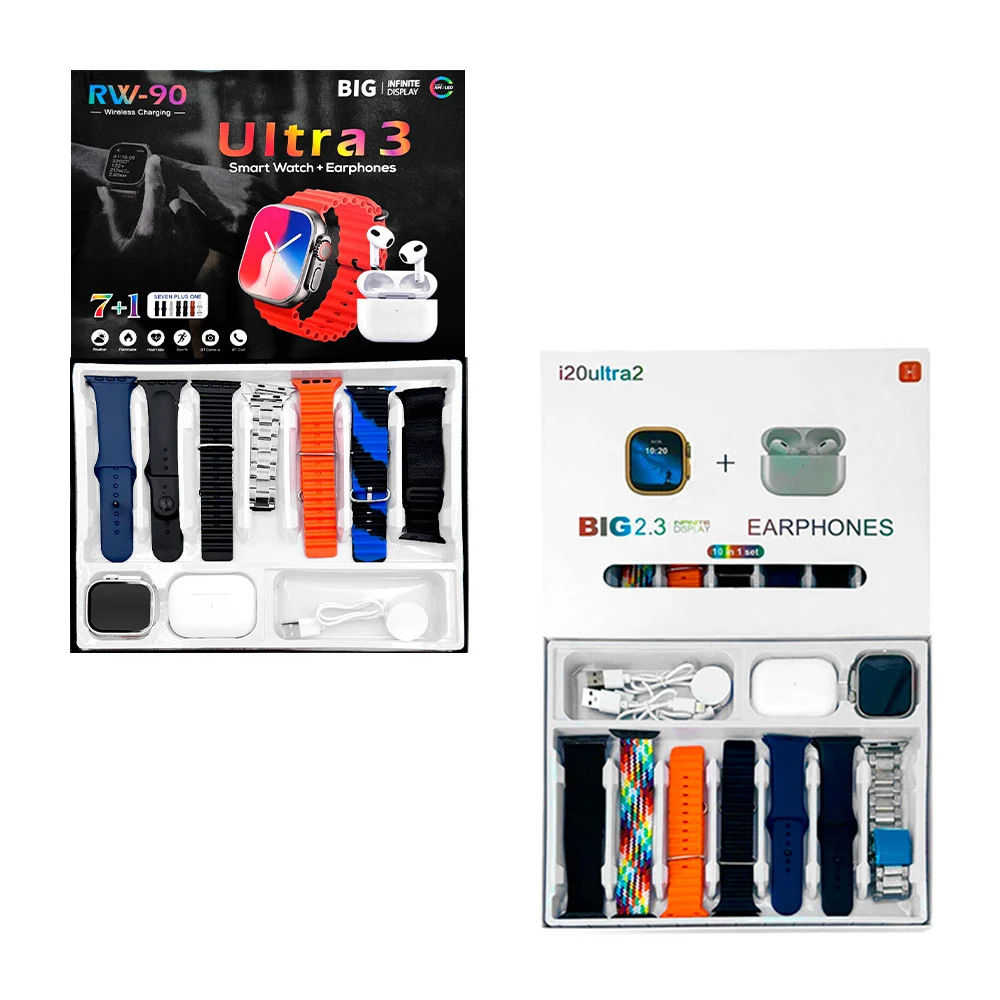 Set de reloj smart watch 10 en 1 con 7 correas intercambiables + audífonos bluetooth con estuche de carga, cargador magnético y 2 cables usb-lightning / 10 in 1 set / t-701