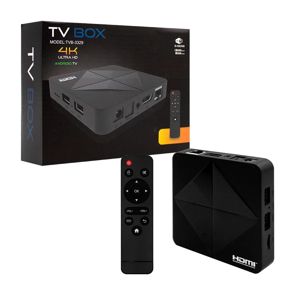 1pza Tv box pequeña con control, cable hdmi, puertos de conexión y android 10