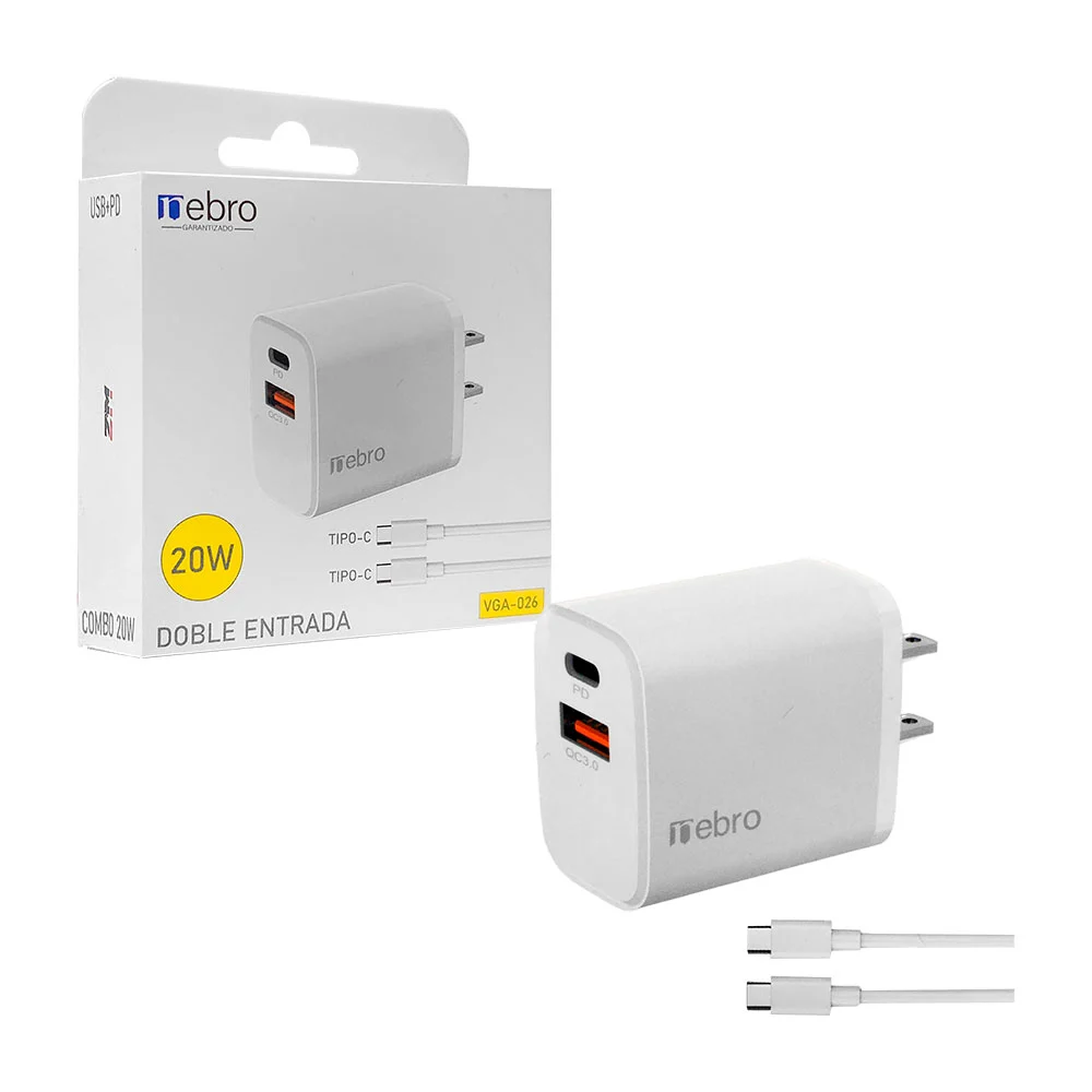 Combo cargador con puerto usb 3.0 y tipo c con carga de 20w / vga-026