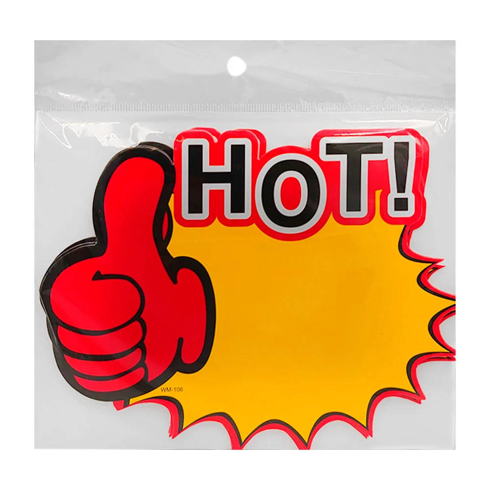 Paquete con 10 letreros de onomatopeya con leyenda de hot y emoji, 14x18cm