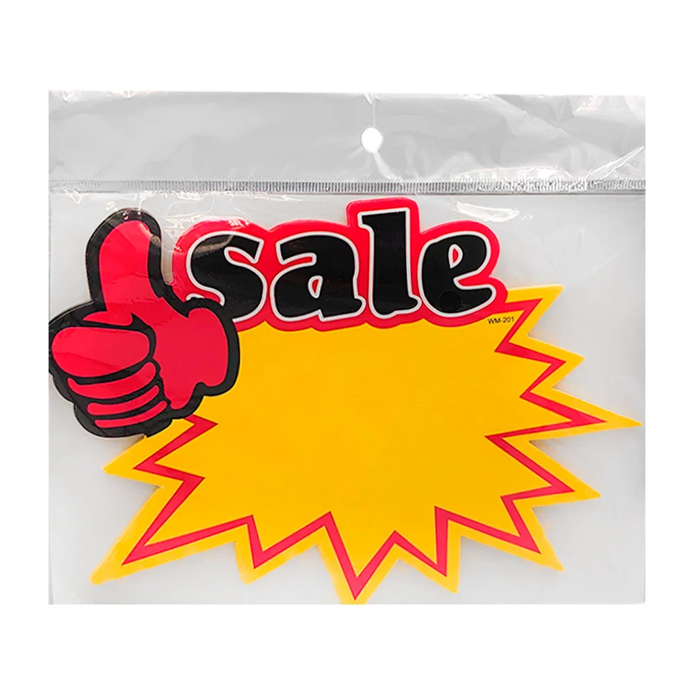 Paquete con 10 letreros de onomatopeya con leyenda de sale y emoji, 19x15cm